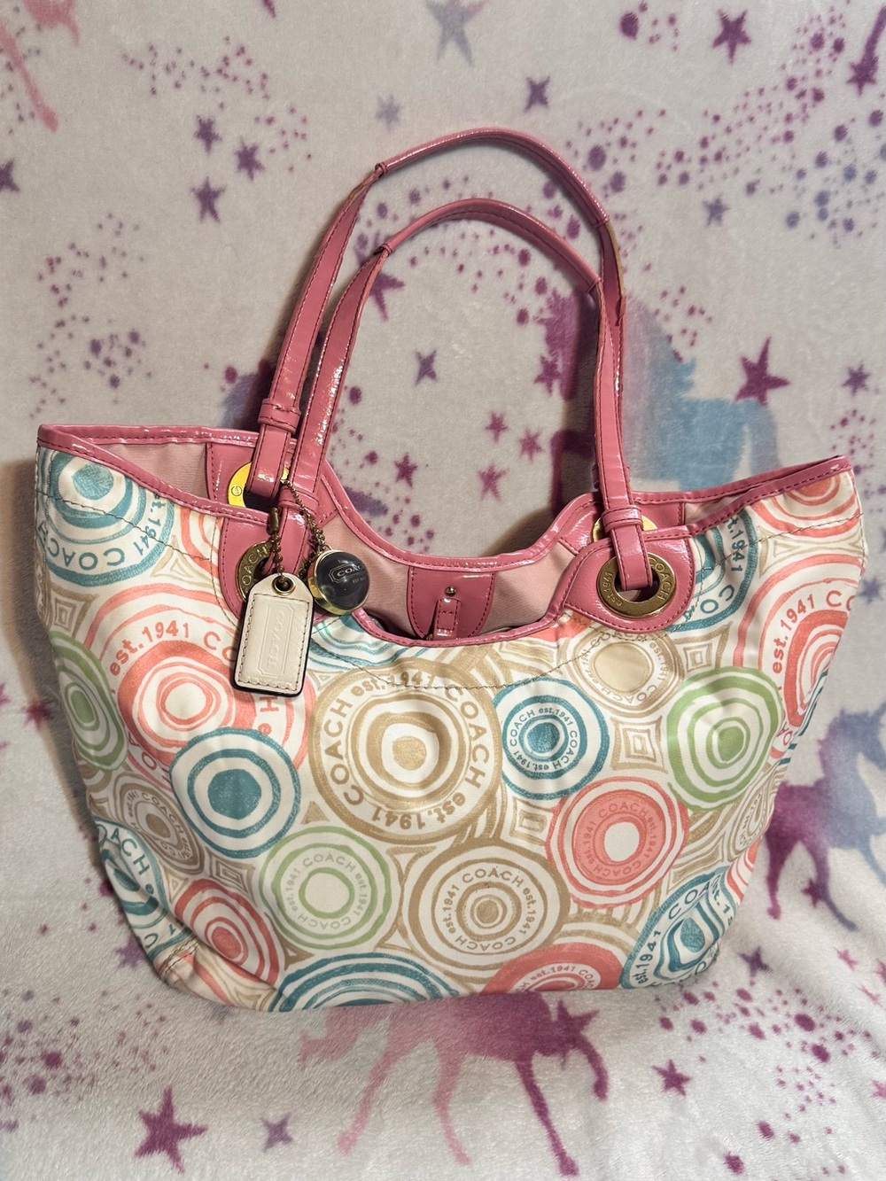 Coach Pink-Trim Multicolor Circle Print Tote Bag